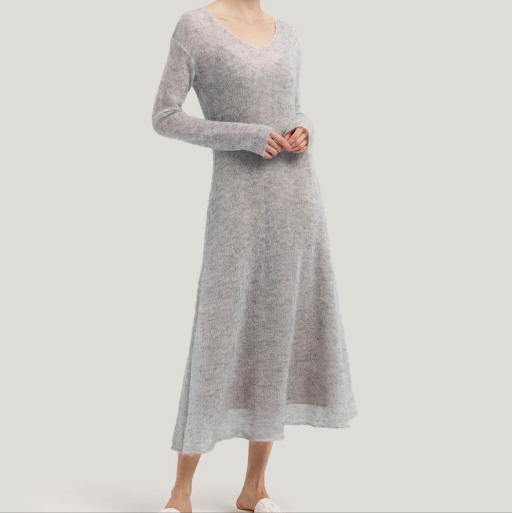 Gentle Herd Gray Sheer Mesh Maxi Dress M Mohair Blend V-Neck Spring Layer